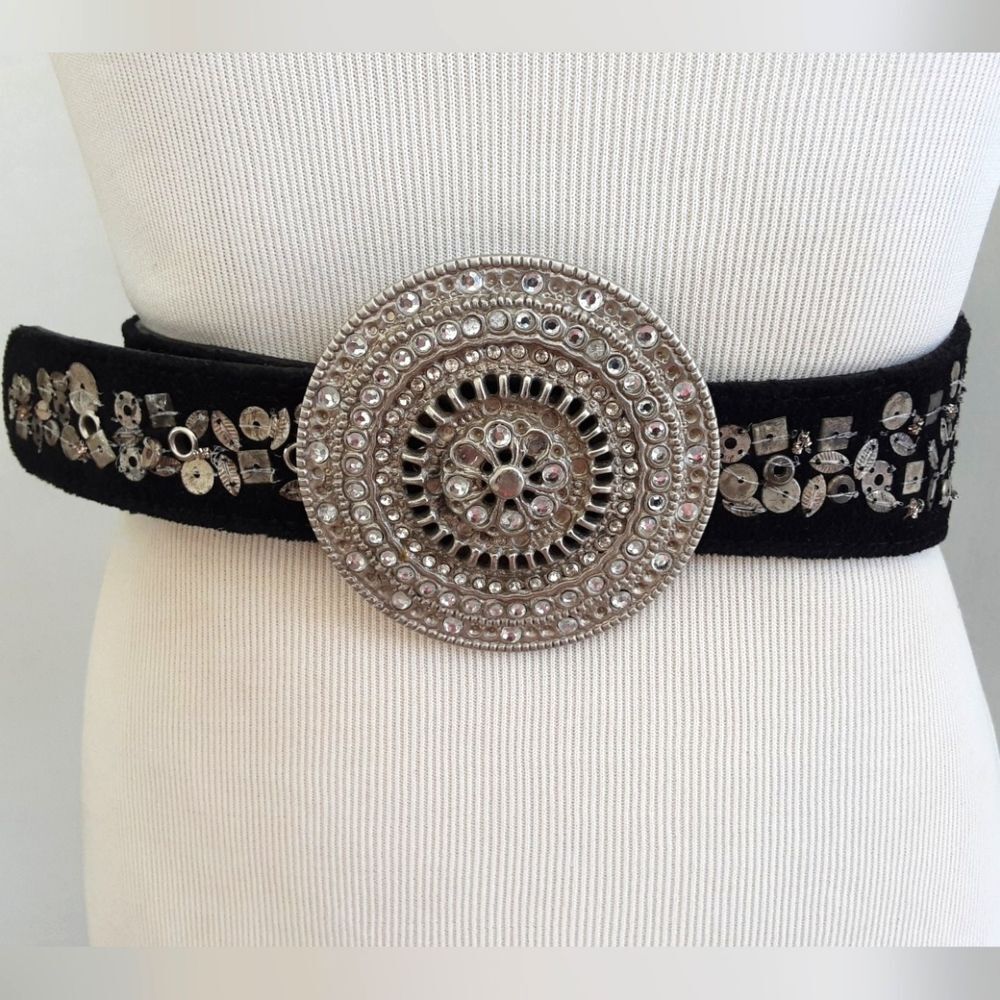 CHICO'S Metal Embellished Black Suede Waist Cincher Belt Sz Large